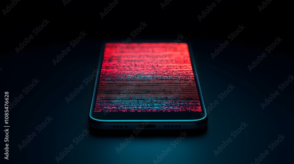 Poster Abstract smartphone close-up with vibrant red and blue digital glitch patterns on its screen in a dark environment, showcasing technology and innovation themes.