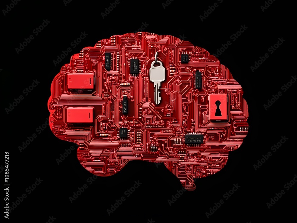 Aufkleber Abstract representation of a human brain constructed with red circuit board elements, featuring a key and lock symbolizing cybersecurity and data protection concepts