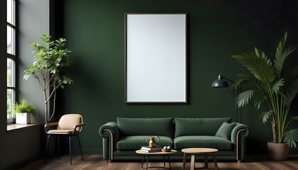 A green velvet sofa in a dark green room with a large blank white frame on the wall
