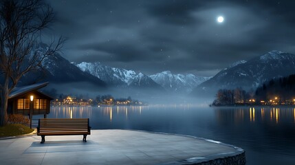 A quiet lakeside scene during a dark night, where stars reflect on the water’s still surface, capturing a moment of introspection; a single bench by the water symbolizes comfort during difficult 