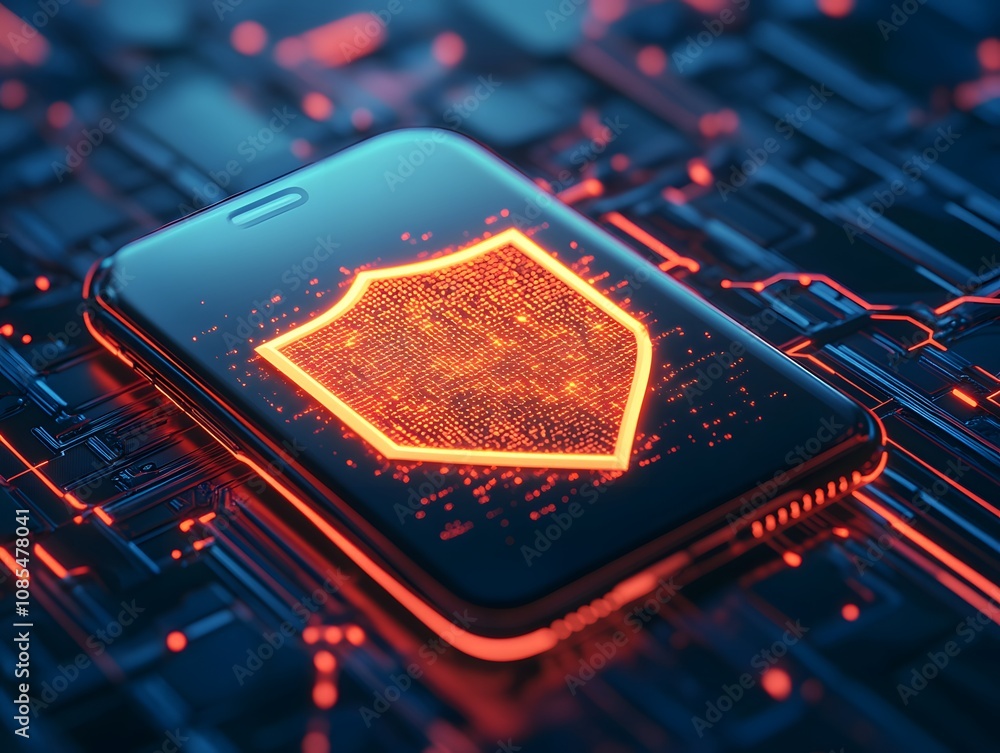 Poster Modern Smartphone with Shield Icon Representing Cybersecurity and Data Protection in a Digital Environment with Abstract Circuitry Background
