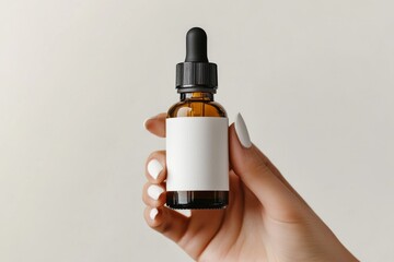 Dark amber glass bottle in female hand. Natural skin care SPA beauty product design. Mineral organic oil cosmetics on beige background. Mock-Up. Oily pipette. Face and body treatment. Blank logo label