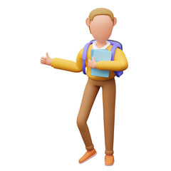 3D student illustration with backpack and hand gesture