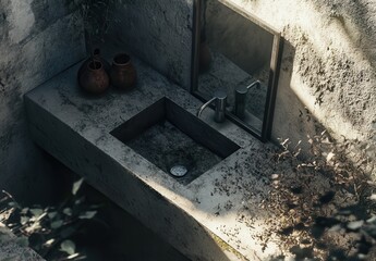 sink with gray concrete, next to it is an open black mirror on the wall