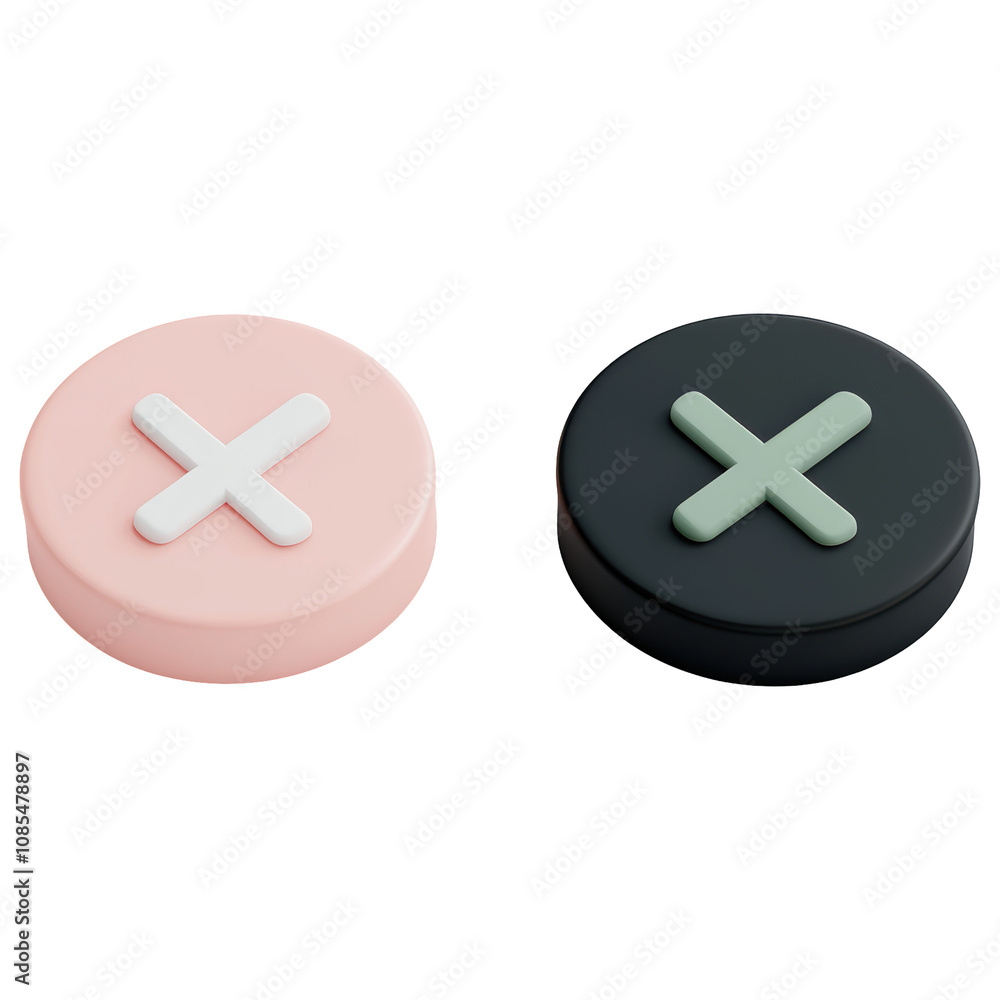 Poster 3d two round buttons with an x on them isolated on transparent or white background, png