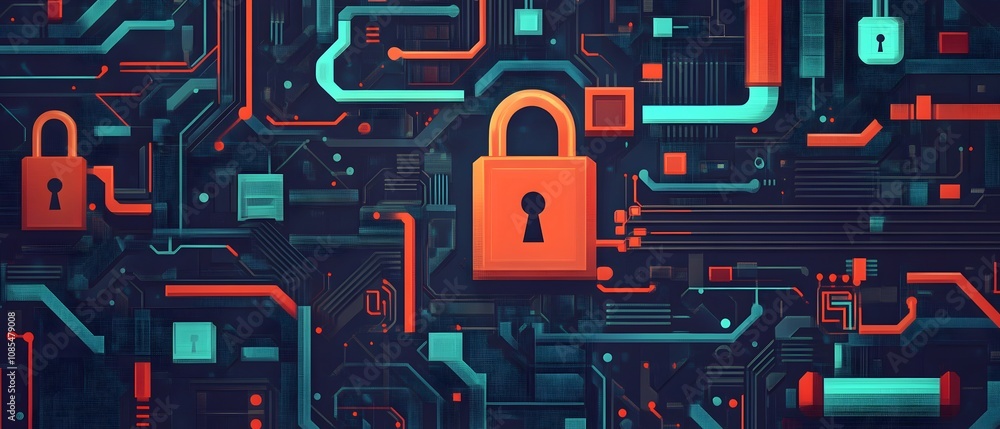 Poster Abstract Representation of Digital Security with Lock Icons and Circuit Board Elements in Vibrant Colors, Symbolizing Data Protection and Cybersecurity Concepts