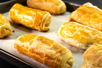 Chocolate rolls made of puff pastry. Dessert. Pastry. Food concept. Puff pastry sticks