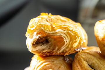 Chocolate rolls made of puff pastry. Dessert. Pastry. Food concept. Puff pastry sticks