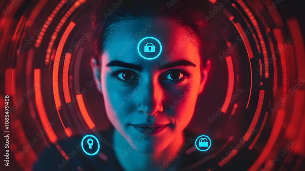 Poster futuristic portrait of a confident woman with digital lock symbols representing security and technol