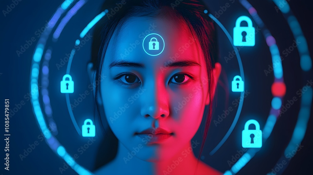 Aufkleber portrait of a young woman with futuristic digital security technology imagery representing privacy a