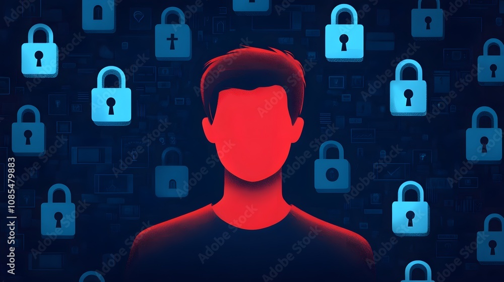 Poster mysterious silhouette of a person with a gradient background featuring various padlocks, symbolizing