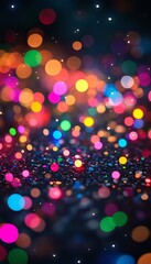 Naklejka premium Abstract Festive Background of Defocused Colorful Bokeh Lights, Glitter, and Sparkling Particles
