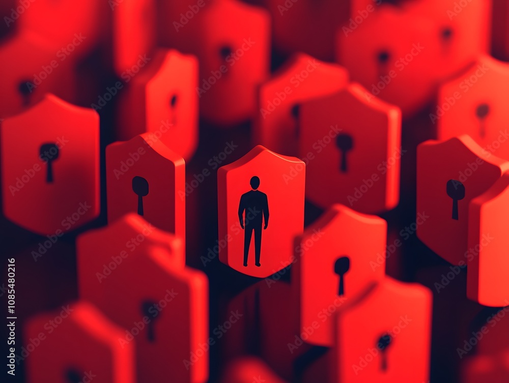 Poster Abstract representation of individual identity and privacy in a digital world with red shields and human symbols highlighting the importance of data security and personal information protection.