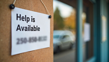 Help is available sign on a storefront in a community with cars parked on the street during daytime