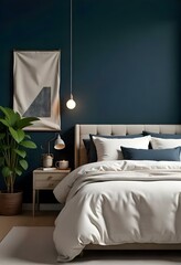 A cozy and modern bedroom with a dark blue accent wall, a large white bed with plush bedding, and a wooden nightstand with a lamp.