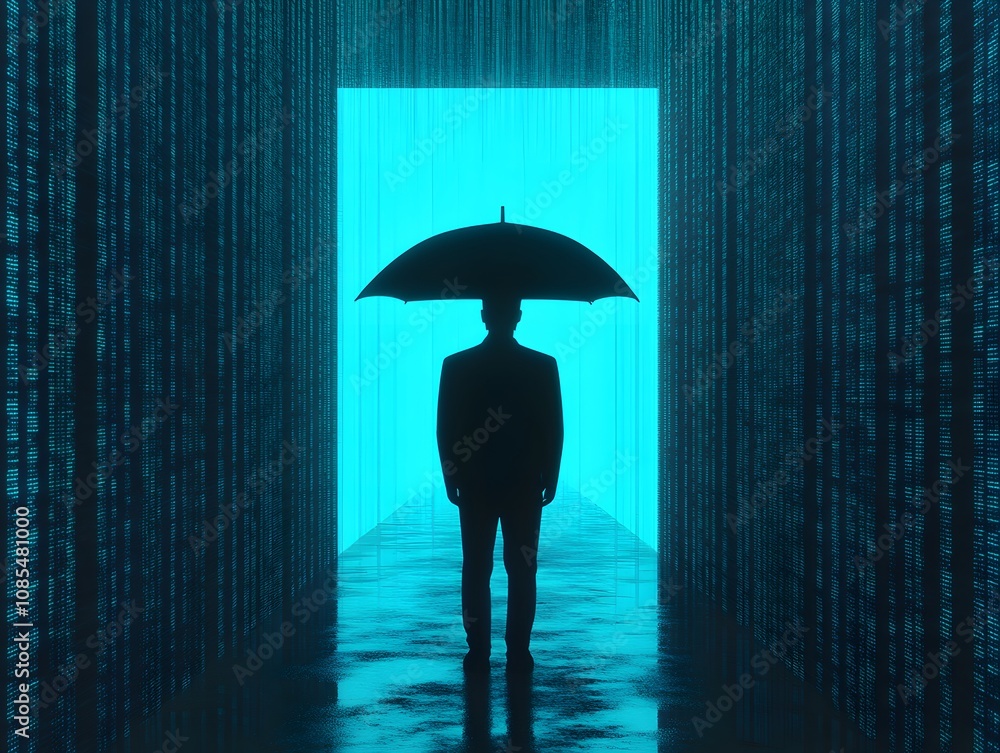 Poster silhouette of a person holding an umbrella in a futuristic digital corridor with neon blue lights an