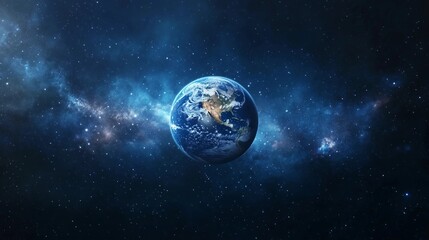 A blue Earth in space, against a dark background, with a galaxy and stars. The planet Earth is depicted in a wide-angle