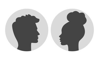 Default man and woman profile icon set. Black silhouette in gray circle. Vector illustration