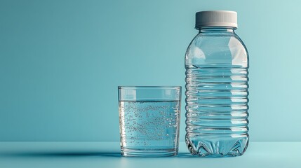 A clear glass of water next to a plastic water bottle.