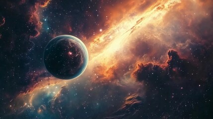 Obraz premium a space scene with a planet in the center, surrounded by a nebula and stars. The planet is a dark blue-gray color