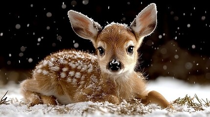Winter Wonderland Scene Cute Fawn in Snow Nature Photography Outdoor Environment Close-Up View Wildlife Concept