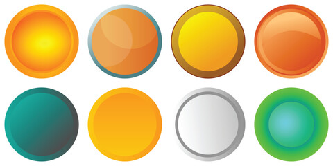 Set of Glossy circle buttons sign for web, 3d round click button icons. spheres and ball set, emblem Badge, Game button illustration. Vector empty web ui round button collection.