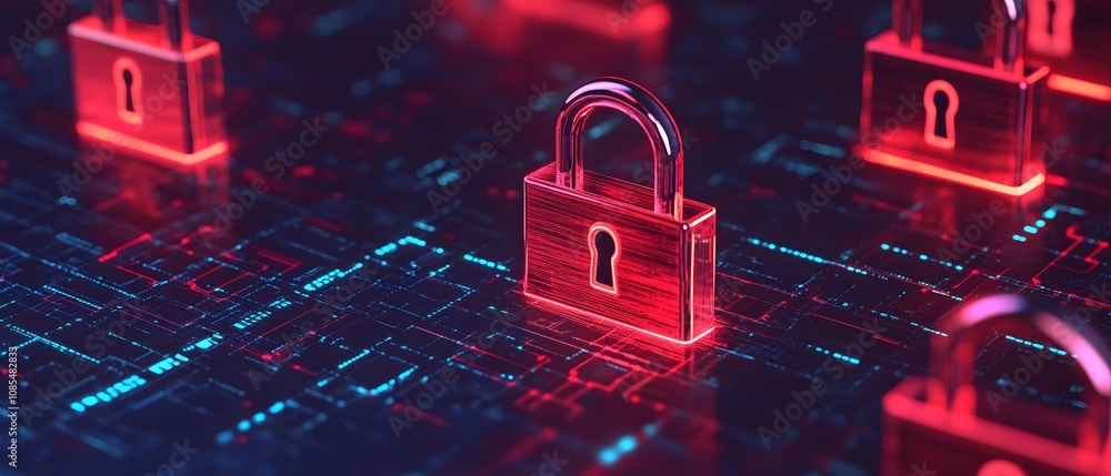 Poster Futuristic digital lock on a glowing circuit board background, symbolizing advanced cybersecurity, data protection, and secure online transactions in a tech-savvy world.