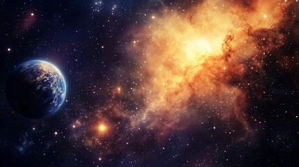 Obraz premium An abstract background depicting the Earth and stars in space, showcasing galaxies, nebulae, planets, and distant lights, symbolizing exploration, science fiction, or cosmic beauty