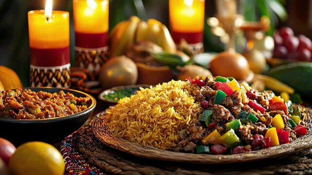 A festive table set for Kwanzaa with traditional African dishes, including jollof rice, vegetable stew, and fresh fruits