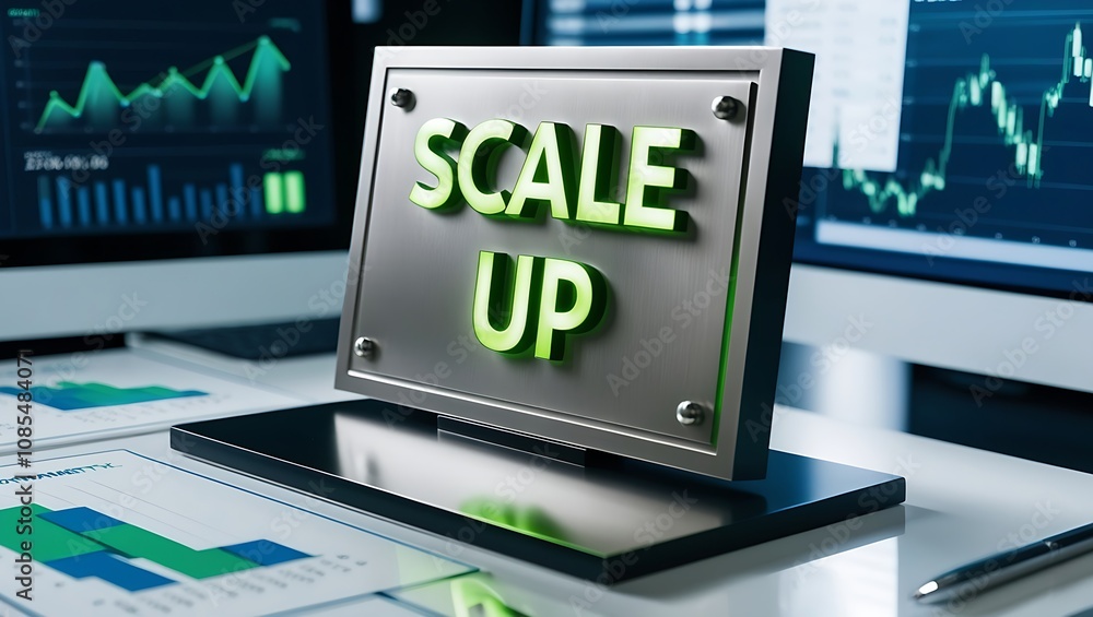 Poster scale up sign on desk with financial charts on computer screens.