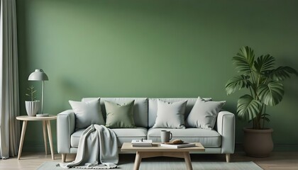 Obraz premium A modern living room with a gray sofa, wooden coffee table, and potted plant in the background against a green wall