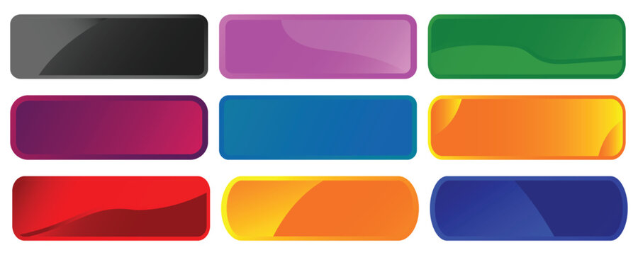 Set of Glossy rectangle buttons sign for web, 3d click button icons. Emblem Badge, Game button illustration. Vector empty web ui button collection.