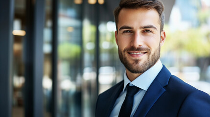Fototapeta premium Professional man in suit smiles confidently outside office