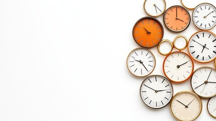 A collection of stylish clocks arranged in a visually appealing manner against a minimalist background.