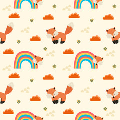 Fox and rainbow cartoon so cute. On cloud gift background. Pattern seamless vector illustration.
