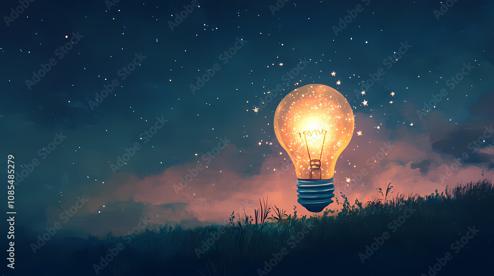 Canvas Prints A glowing light bulb filled with shimmering stars, casting a soft ethereal glow, symbolizing dreams and infinite possibilities, surrounded by a serene night sky. Infinite. Illustration