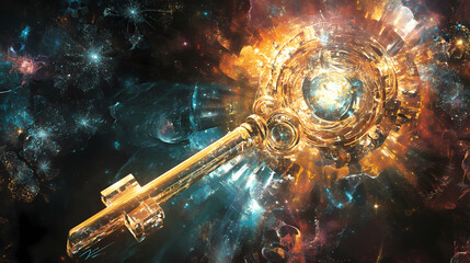 A floating crystal key within a fractal system of infinite patterns, unlocking higher levels of consciousness. Infinite. Illustration