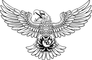 An eagle angry mean pool billiards mascot cartoon character holding a black 8 ball.