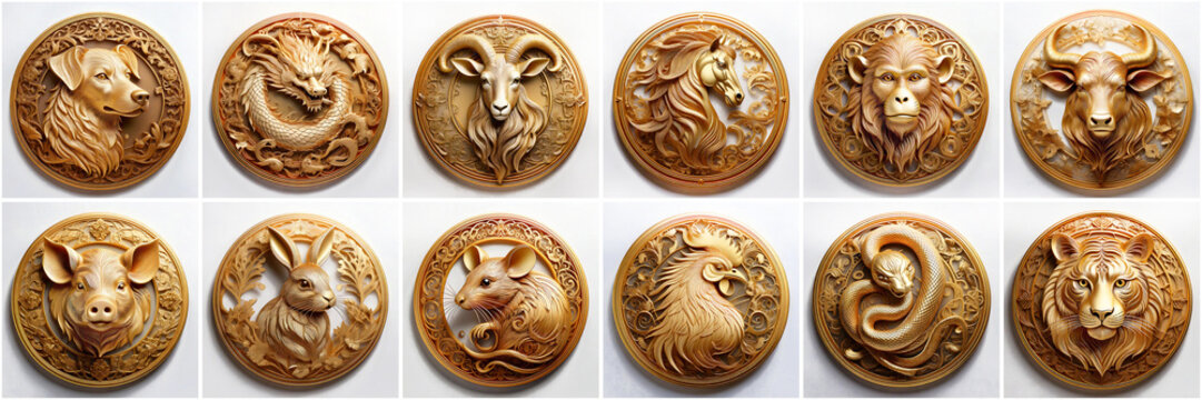 set of chinese zodiac signs thumbs in round shapes, china astrology concept 
