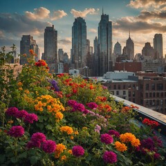 Fototapeta premium A rooftop garden with vibrant flowers and the cityscape beyond.