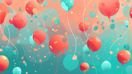 coral orange and blue balloons in the air, birthday background
