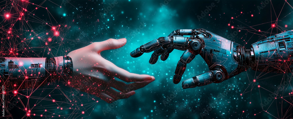 Poster human and robot hands touching in a cosmic digital environment symbolizing learning and connection b