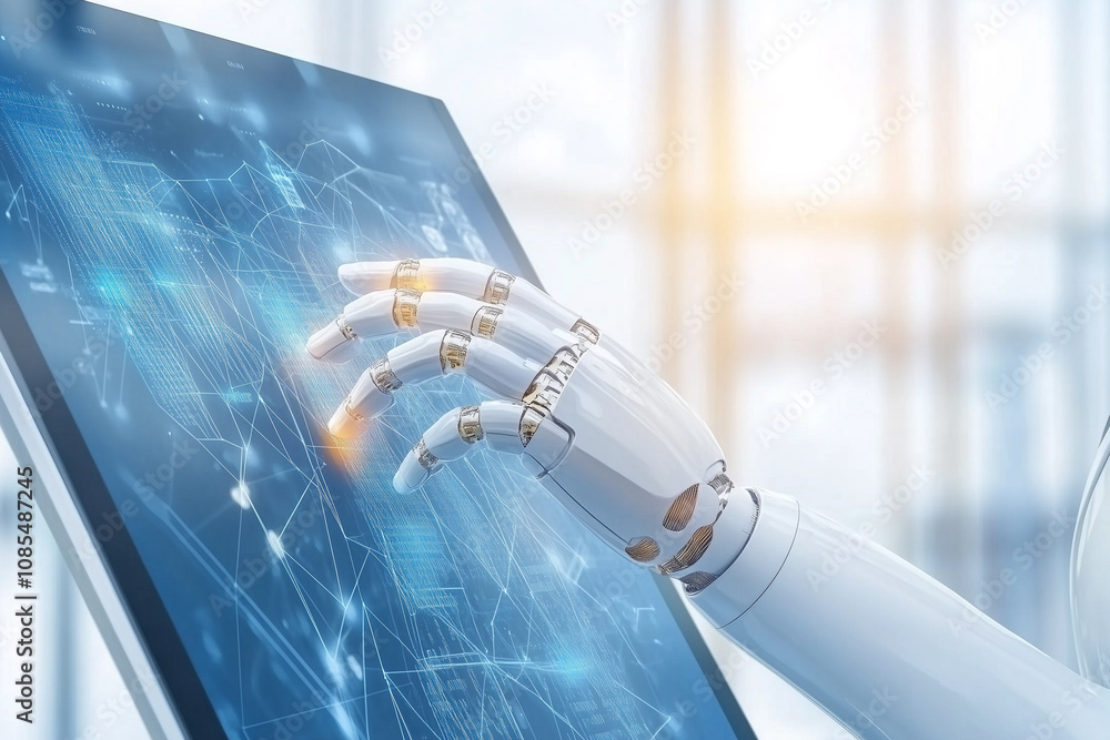 Poster close-up of a robotic hand interacting with a digital screen, symbolizing the intersection of techno