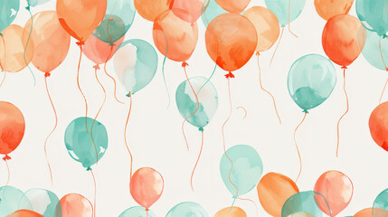coral orange and blue balloons in the air, birthday background