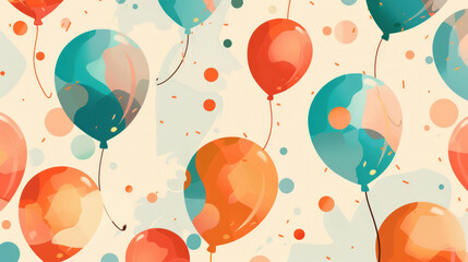 coral orange and blue balloons in the air, birthday background