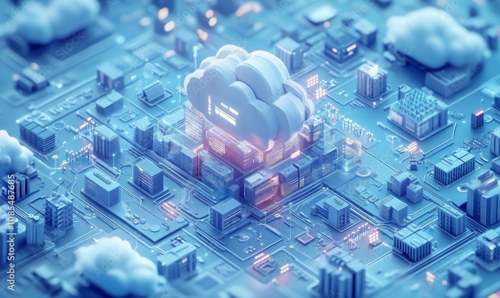 Wall mural isometric illustration depicting modern cloud technology and networking concept, representing web cl