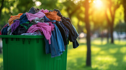 An overflowing green recycling bin with gently used garments of all colors, set in a community park, showing support for textile reuse and sustainable living.