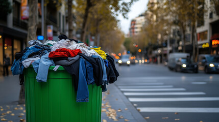 A green recycling bin packed with used clothes, placed near a busy street, promoting awareness of textile recycling and responsible consumer habits.