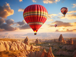 Obraz premium Excellent Picture of a colorful hot air balloon in a field surrounded by greenery and mountains