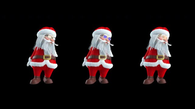 Tree styles Santa Claus dancing on transparency alpha channel background. Christmas party. Animated greeting card. looping 3d animation . Santa Claus disco dancing looping .